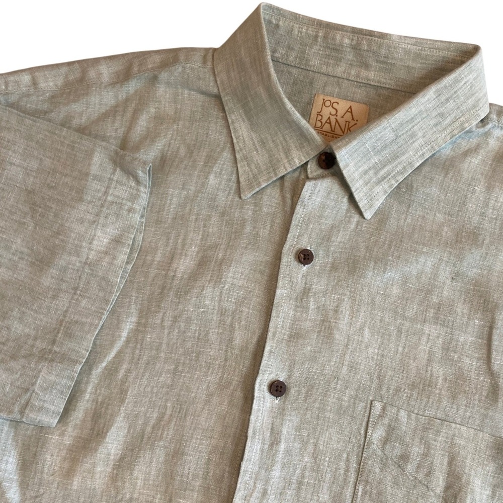 Jos A Bank Mens Large Short Sleeve 100% Linen Button Up Shirt Sage Green